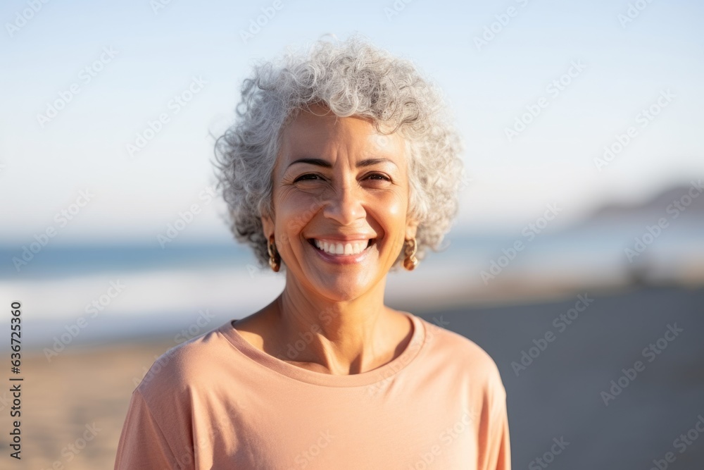 Portrait of smiling mature woman standing on beach at the day time Portrait of smiling mature woman standing on beach at the day time