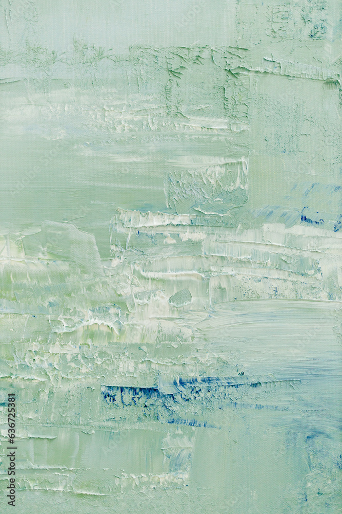 Obraz premium Abstract green and blue art background. Oil painting on canvas. Blue, yellow and white texture. Fragment of artwork. Spots of acrylic paint. Modern art. Contemporary art. Oil paint