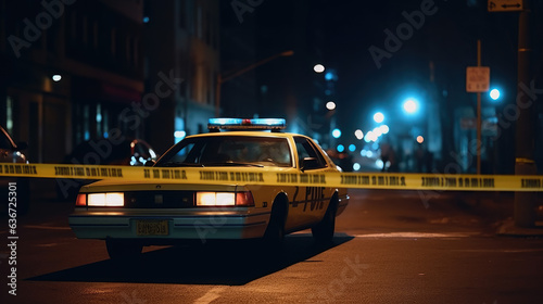 Yellow law enforcement tape isolating crime scene with blurred view of city street, toned in red and blue police car lights.