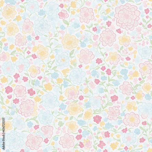 Embroidered seamless pattern of colorful flowers. AI generated.