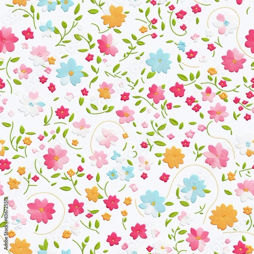 Embroidered seamless pattern of colorful flowers. AI generated.