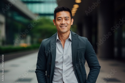 Portrait of a young asian businessman standing outside office building.