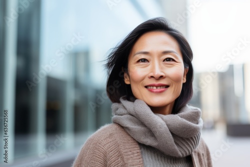 Portrait of a smiling asian woman in scarf and sweater outdoors