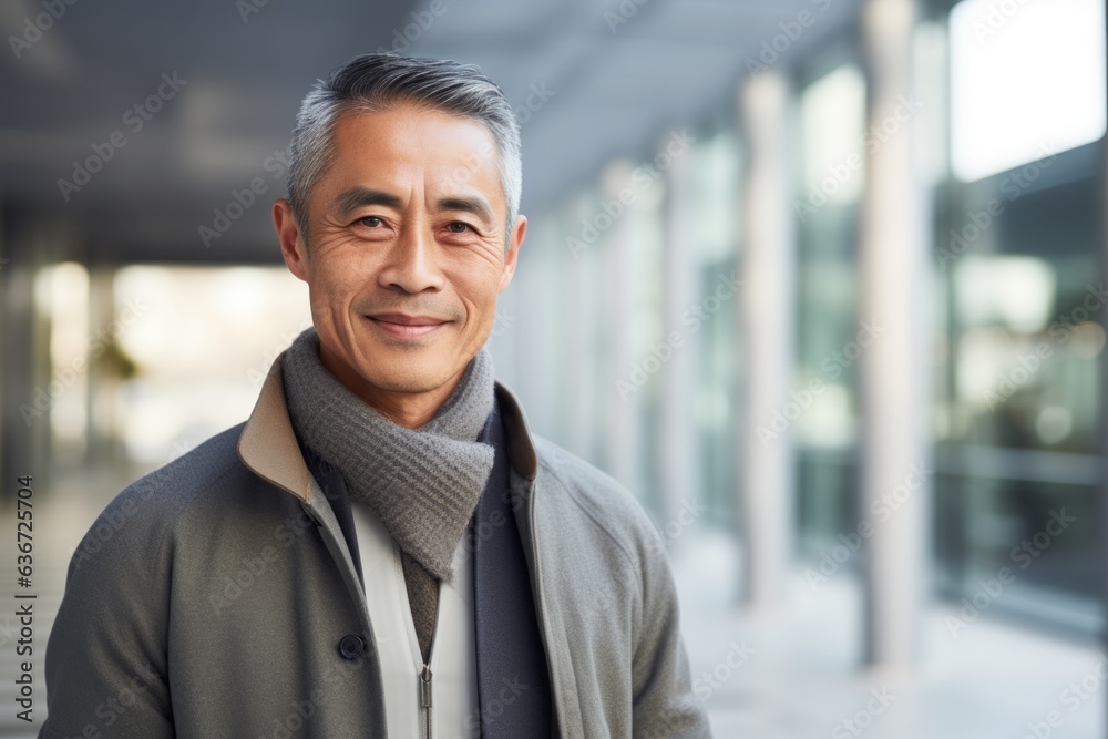 Portrait of smiling asian senior man standing in corridor at office Portrait of smiling asian senior man standing in corridor at office