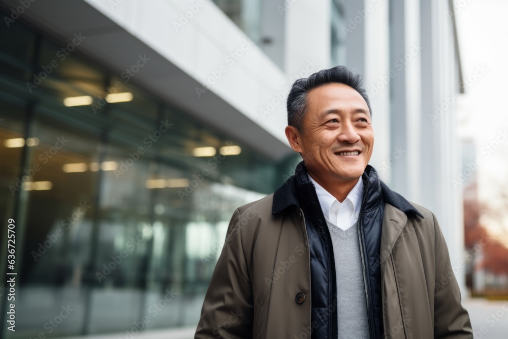 Portrait of a smiling asian man standing in front of office building Portrait of a smiling asian man standing in front of office building