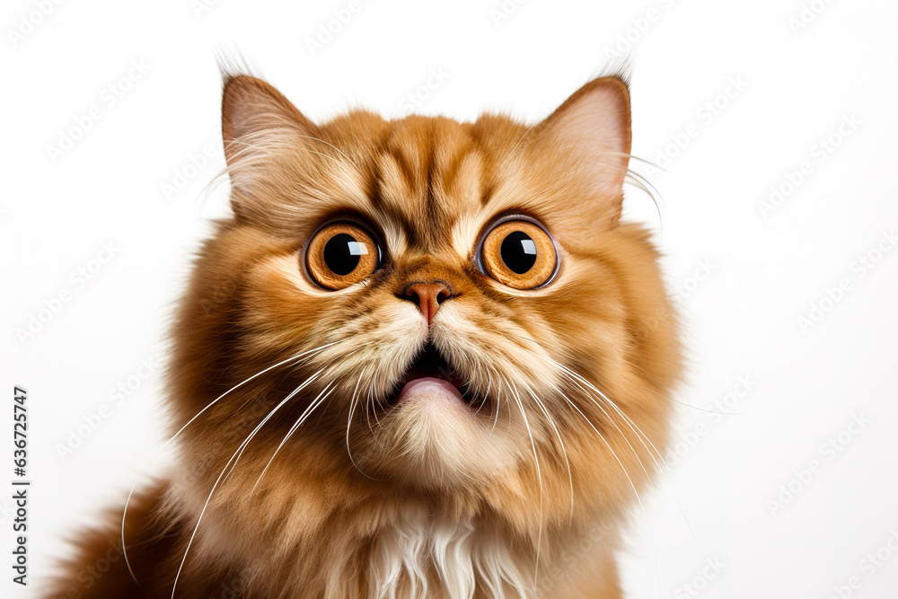 Close-up Funny Portrait of  Surprised Persian cat with Huge Eyes Isolated on White Background. Digital illustration generative AI.