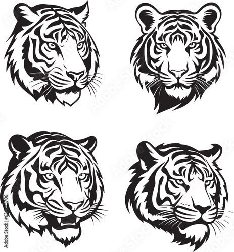 Tiger Leopard face logo style elements pack black outlined tattoo style
