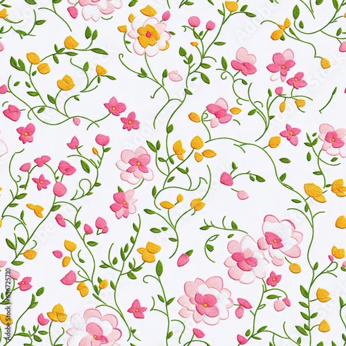 Embroidered seamless pattern of colorful flowers. AI generated.