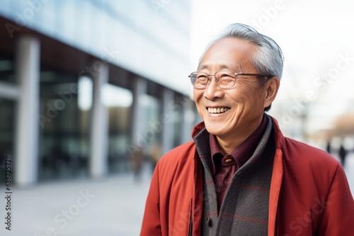 Portrait of senior asian man in red coat and eyeglasses