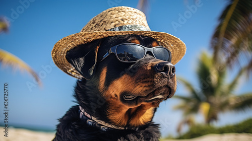Cool looking Rottweiler dog wearing sunglasses and tilted straw hat. Beach and sea background with copyspace. Stylish animal posing as supermodel. Digital illustration generative AI.