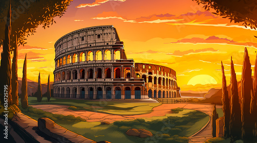  The Colosseum, Rome illustration landscape and sunrise or sunset. Colorful comic book style illustration. Digital illustration generative AI.
