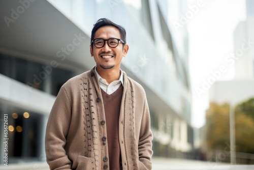 Portrait of handsome asian man with eyeglasses standing outdoors