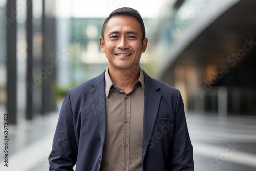 Portrait of a smiling asian businessman standing in front of office building