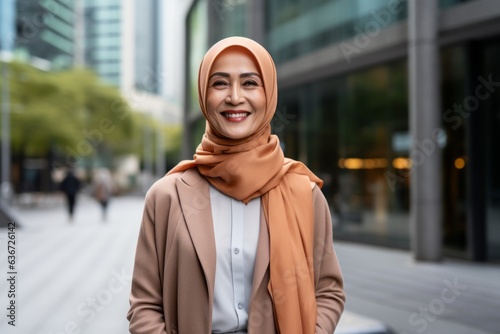 Muslim businesswoman wearing hijab walking in the city. She is smiling and looking at camera. © Leon Waltz
