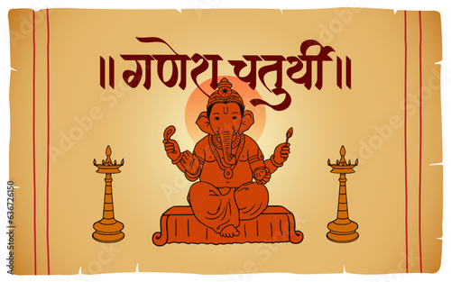Ganesha Chaturthi' Hindi text and Ganesha hand-drawn illustration, sketch, and vector with a background of Indian festival for banner, template, post, and invitation card design