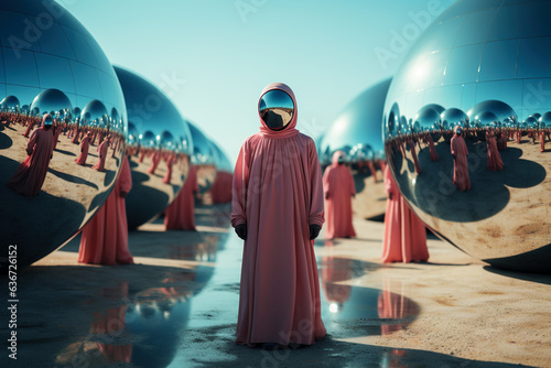 Member of a cult dressed in pink robe is standing among large silver spheres in a desert