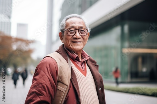 Portrait of happy senior man walking in the city. Asian people