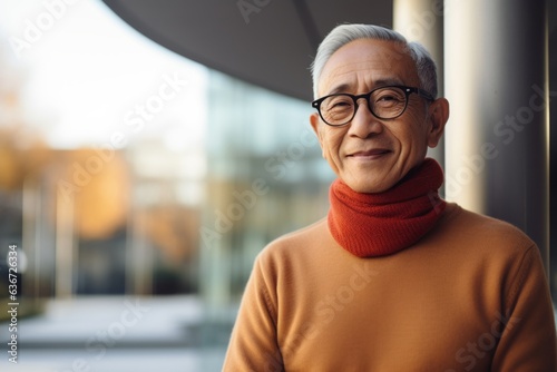 Portrait of smiling senior man in eyeglasses standing in city