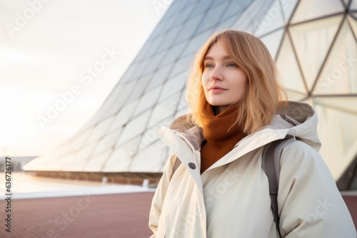 Portrait of a beautiful young woman with blond hair on the background of modern architecture