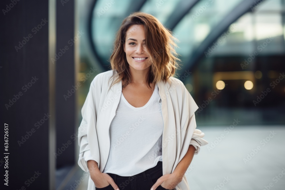 Portrait of smiling businesswoman standing with hands in pockets in office