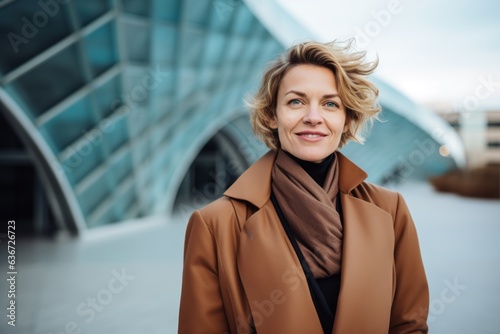 Portrait of smiling businesswoman in trench coat looking at camera outdoors