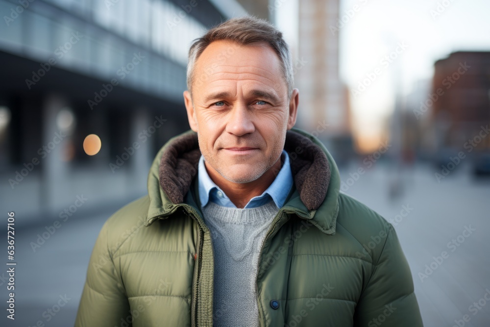 Obraz premium Handsome mature man in warm jacket looking at camera in city