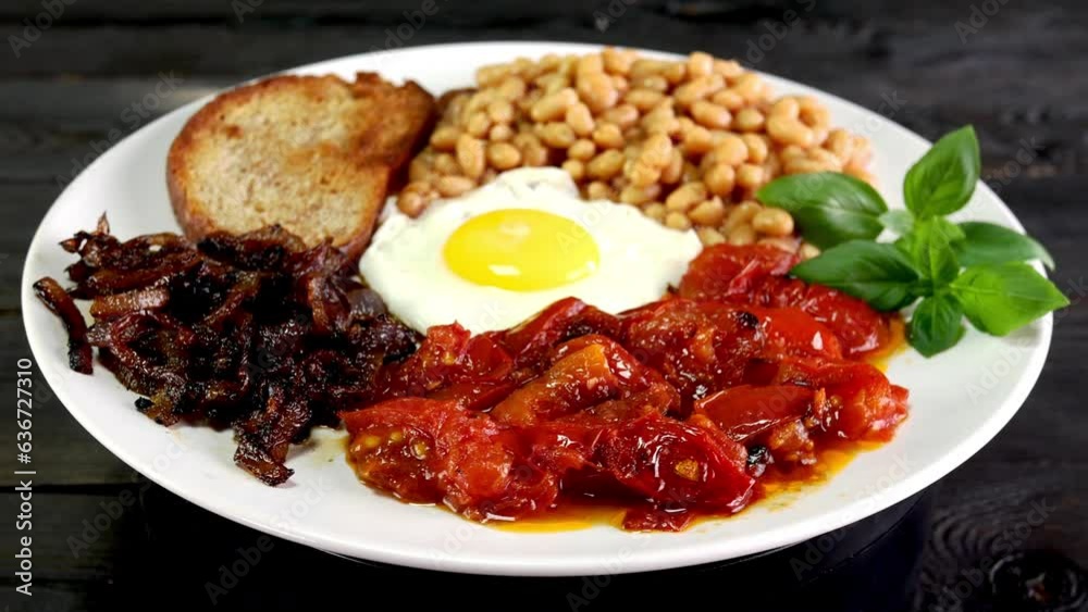 Traditional English breakfast for vegetarian with fried eggs, tomato, beans.