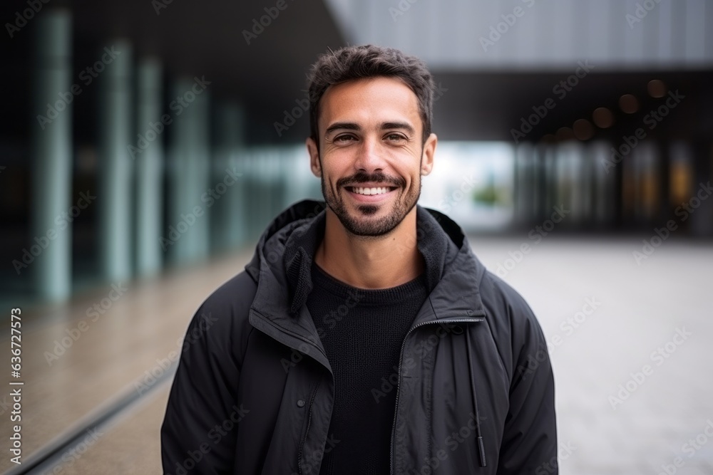 Naklejka premium Portrait of a handsome young man standing outdoors and smiling at the camera