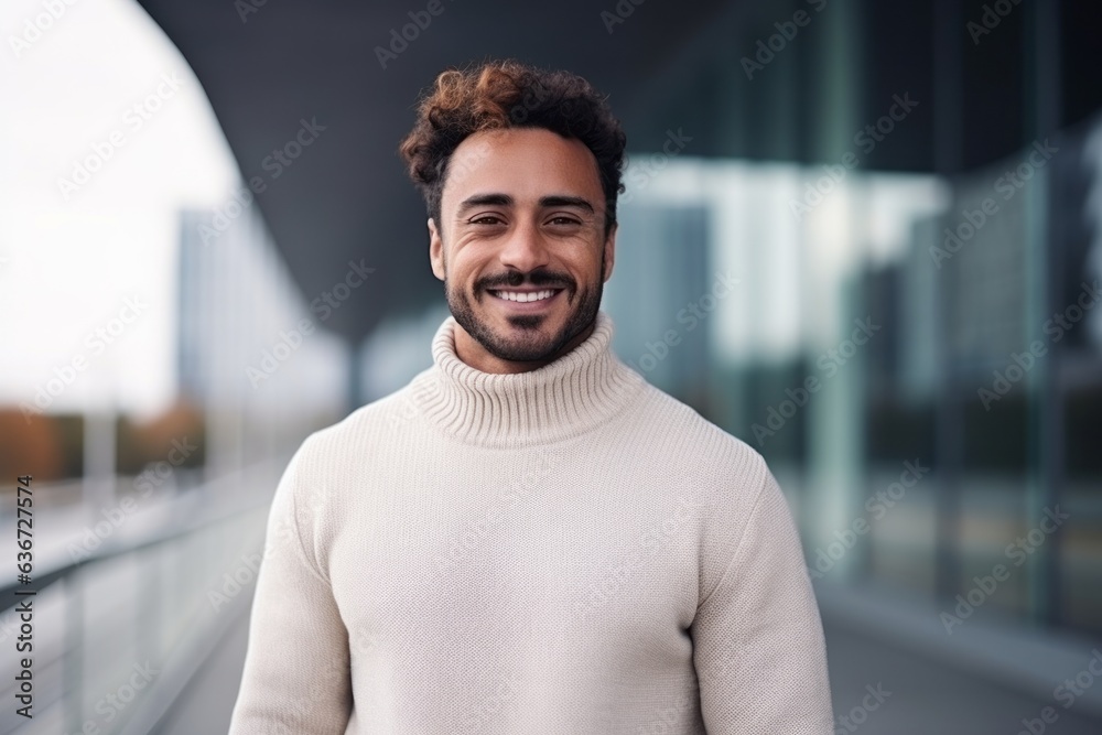 Portrait of handsome young man smiling at camera while standing in city