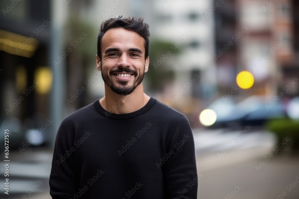 Portrait of a handsome young man smiling in the city at night