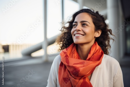 Portrait of smiling young woman in scarf looking away at city street