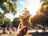 hand with ice cream in a cone and blurred city park in the background