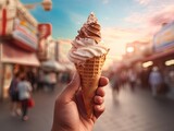 hand with ice cream in a cone and blurred city street in the background
