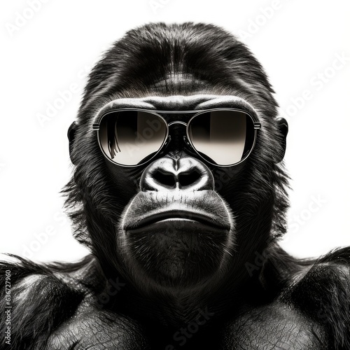 close-up of Gorilla with sunglasses on white background