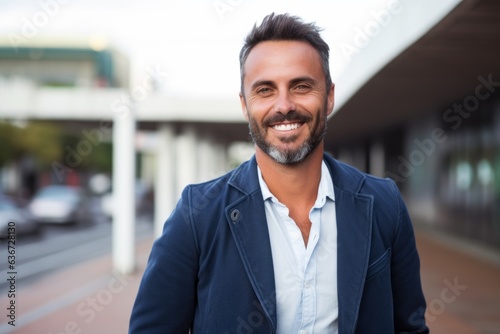 Portrait of handsome businessman smiling at camera while standing in the city