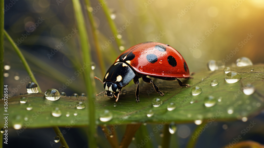 Fototapeta premium macro close-up of a ladybug with water droplets on a leaf