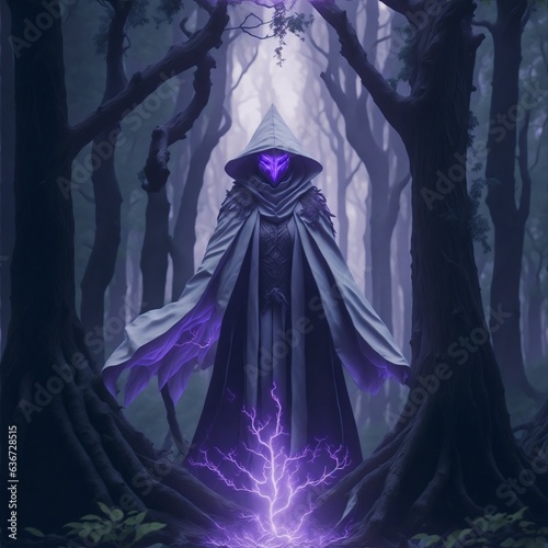 Mysterious magician walking through dark forest with purple energy glowing. Artwork created with Generative AI