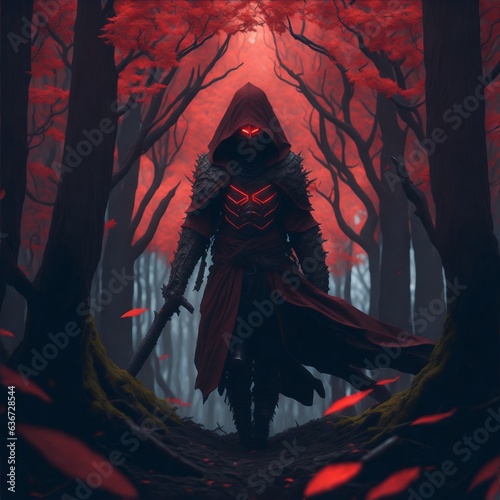 Mysterious ninja walking through dark forest with red energy glowing. Artwork created with Generative AI