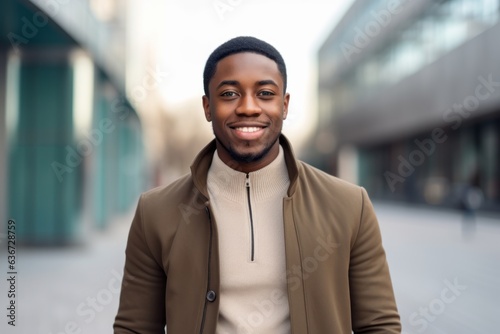 portrait of smiling african american man in beige coat