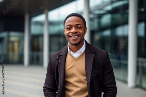 Portrait of a smiling young african american businessman standing outside