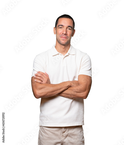 Serious young man looking up gesture