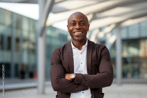 happy african american businessman with crossed arms at modern office building