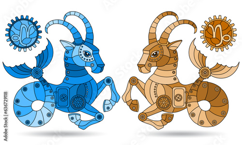 Illustration in the style of a stained glass window with a set of zodiac signs Capricorn, figures isolated on a white background, tone blue and brown