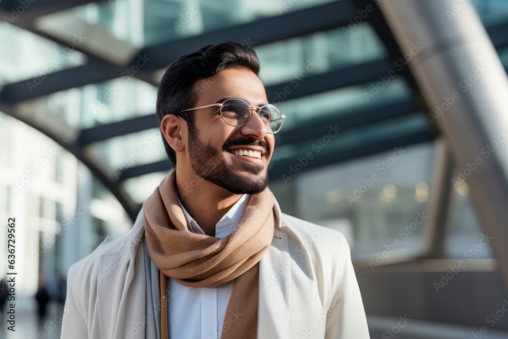 Obraz premium cheerful indian man in sunglasses and beret smiling at camera