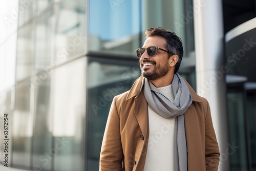 Lifestyle portrait of a Saudi Arabian man in his 30s in a modern architectural background wearing a chic cardigan