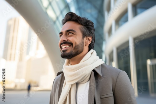 Lifestyle portrait of a Saudi Arabian man in his 30s in a modern architectural background wearing a chic cardigan
