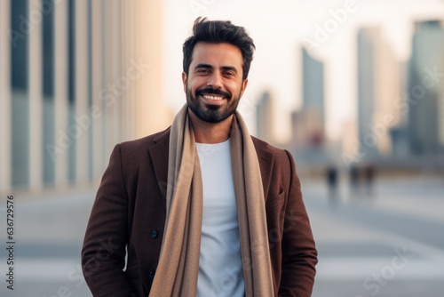 Portrait of a handsome young man smiling and looking at camera outdoors