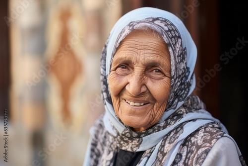 Portrait of an old muslim woman smiling at the camera. © Leon Waltz