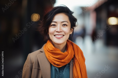Portrait of a smiling young asian woman with orange scarf in the city © Leon Waltz