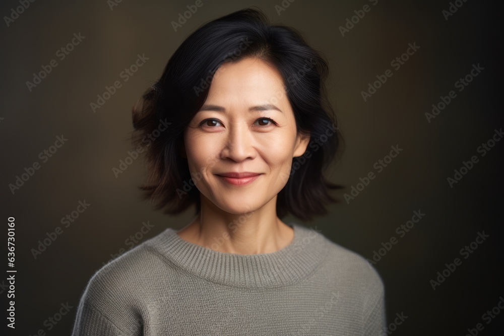 Fototapeta premium Portrait of beautiful asian woman in grey sweater on dark background